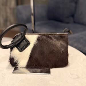 Montana West Genuine Hair-On Cowhide Ring Handle Wristlet Clutch Bag Black (A)